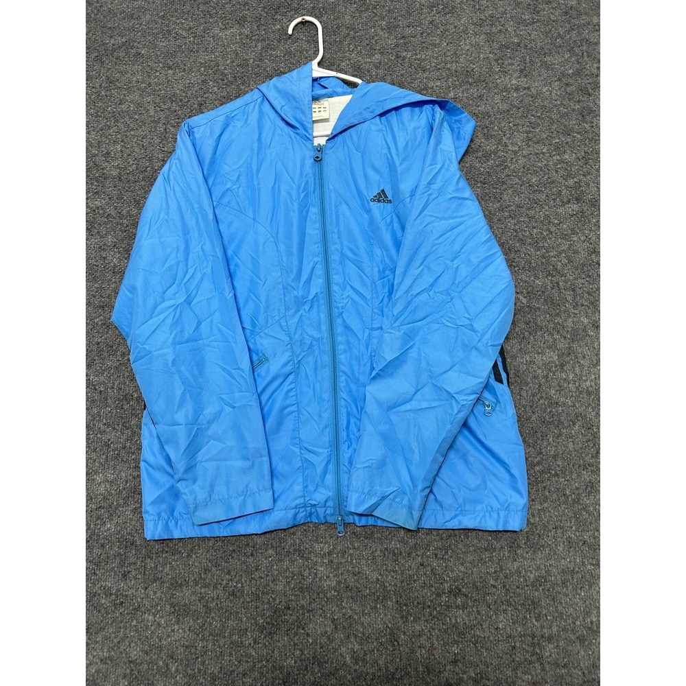 Adidas Windbreaker Womens Size L Blue Full Zip Hooded Three Stripe Athletic